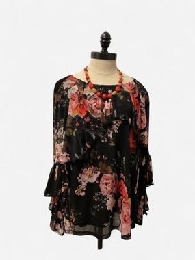 Thalia Sodi Black Floral Tiered Chiffon Blouse with Pink Roses